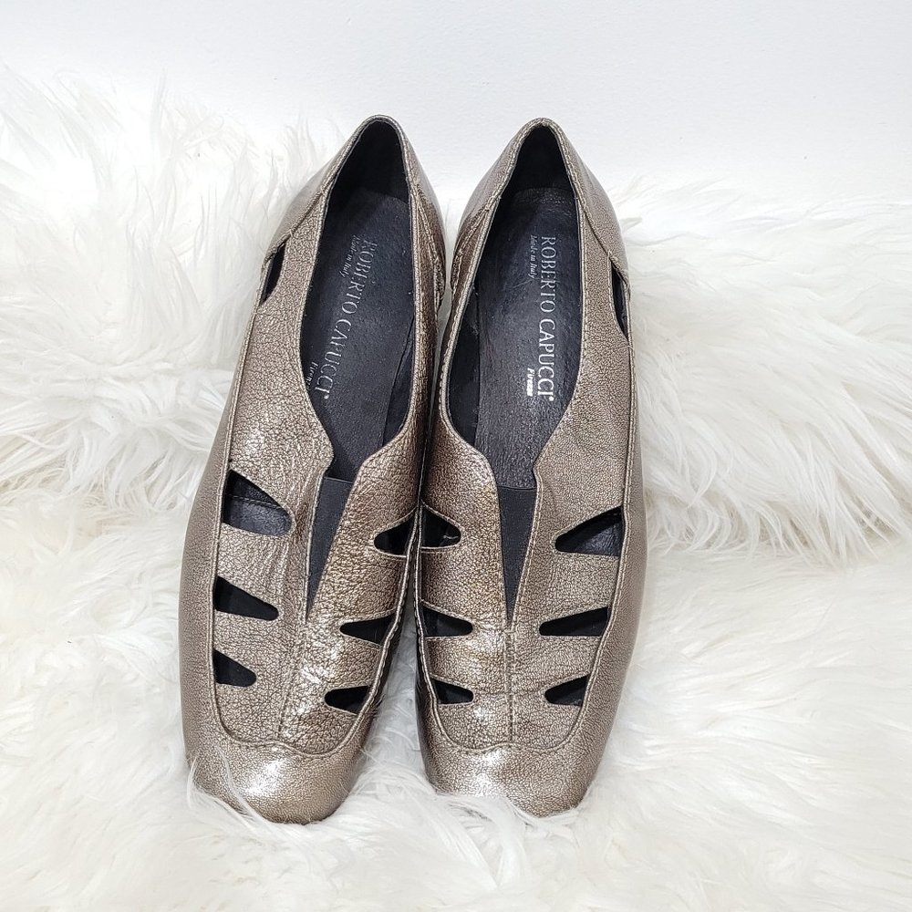 Roberto Capucci Square Toe Cut Out Dress Shoes Metallic Brooze Low Heel 7